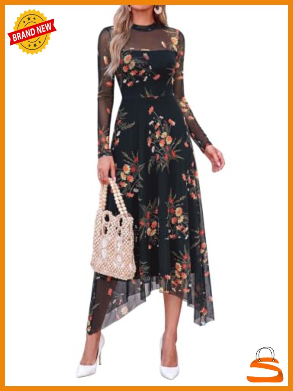 Floral Mesh Midi Dress Long Sleeve Sheer Ruffled Hem